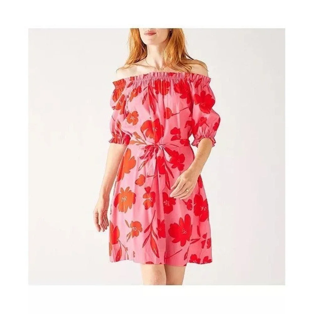 Mersea Womens Midi Dress Size L Floral Off‎ Shoulder Short Puff Sleeve Feminine